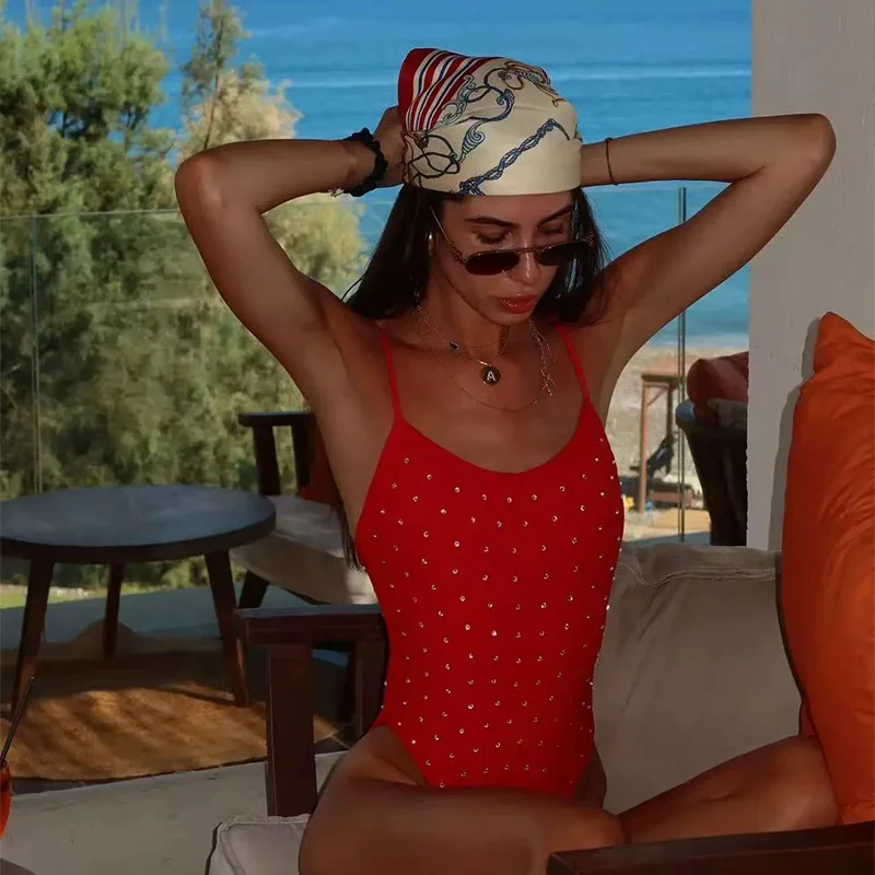 Sexy Women One-piece Swimsuit Suspender Design Red Polka Dot One-piece Swimsuit Printed Flower Exposed Back Strap Swimsuit