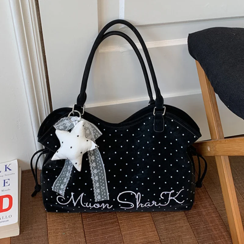 

Korean Fashion Women Shoulder Bag Y2k Sweet Ballet Style Polka Dot Handbag With Star Pendant Casual Versatile Frosted Tote Bags