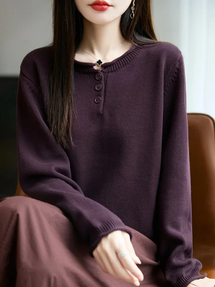 Basic-Hemd mit Bündchen und Rand, eleganter Pendler-Stil, Herbst-Winter, neuer lockerer Langarm-Strickpullover mit Rundhalsausschnitt, reines Baumwollgarn