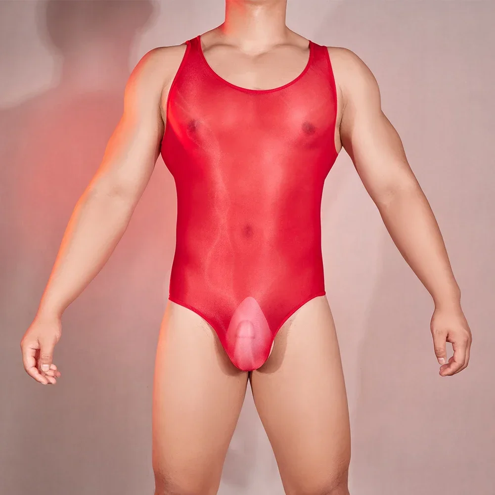 Oil Glossy See Through Stretchy Sleeveless Playsuit For Men Sexy Bodysuit Sheer Mesh Perfect Swimwear And Lingerie-Choice