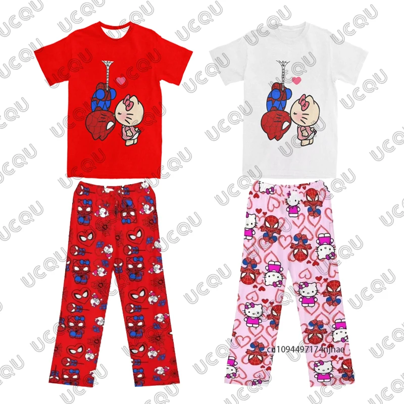 

Spider-Man & Hello Kitty Print Men Tracksuit Set Couples Clothing For Man Casual Suit Tshirts+Pajamas Pants 2 Piece Outfits