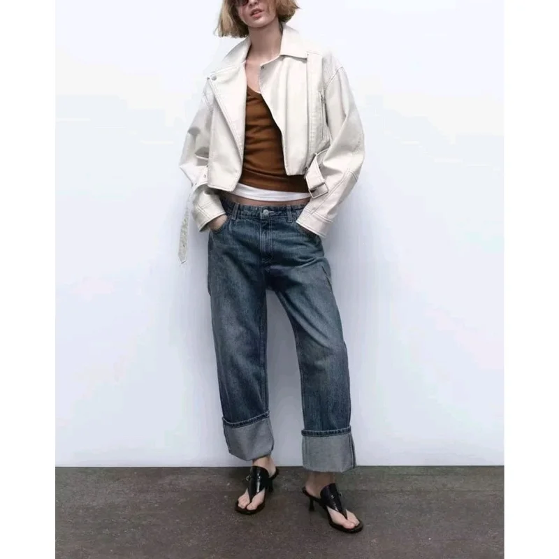 جديد الخريف المرأة طويلة Sve بولي Leather الجلود الطيار Jaet معطف الوجه طوق سستة Sle فضفاضة تناسب ألياف البوليستر تخفيف Sle