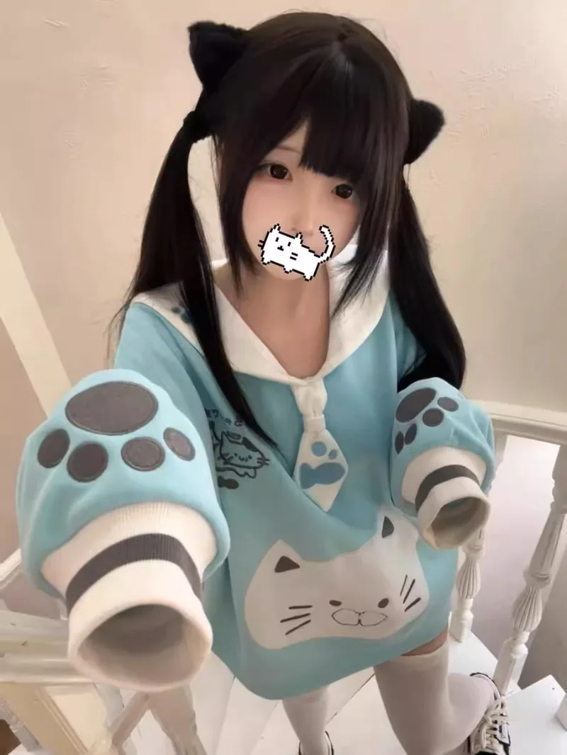 Japanese Subculture Y2k Millennial Two-dimensional Navy Cat Ear Collar Embroidered Tie Cat Pattern Top Trendy Sweater For Women