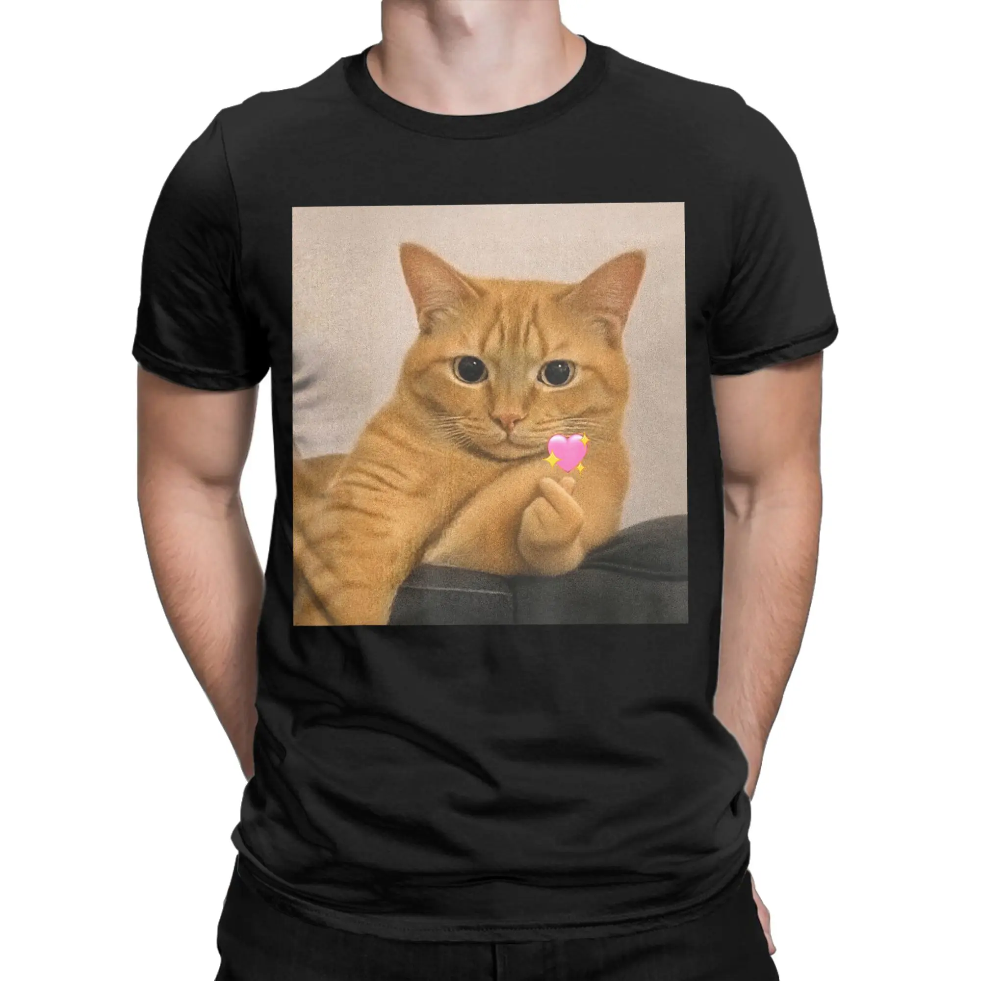 Men Chubby Cat Heart Meme T Shirt  Cotton Tops Funny Short Sleeve Crew Neck Tees Plus Size T-Shirts
