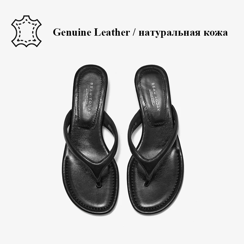 Women’s Sheepskin Leather T-Strap Flip Flop Sandals, Open Toe