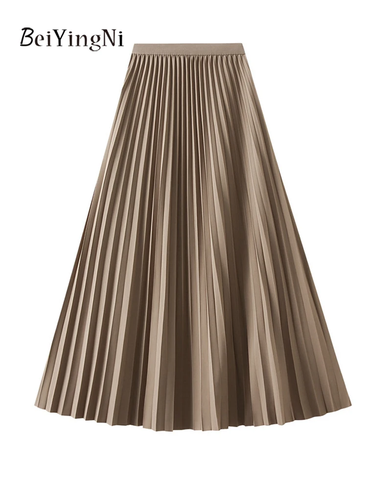 Beiyingni Woman Pleated Midi Skirt Solid Color Casual Woman's Elegant A-line High Waist Skirts Korean Fashion Large Hem Faldas