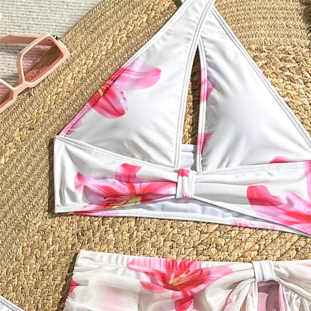 Blumenmuster, mit Rock, Neckholder-Bikini, Damen-Badebekleidung, weiblicher Badeanzug, dreiteiliges Bikini-Set, Badeanzug, Badebekleidung, Schwimmbekleidung V7621 – Detail 9