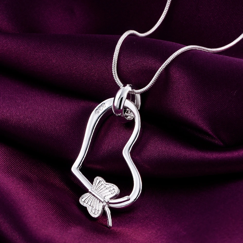 925 Sterling Silver Butterfly Heart Necklaces For Women Ladies Vintage Luxury Jewelry Gift Female Argent 925 Jewellery