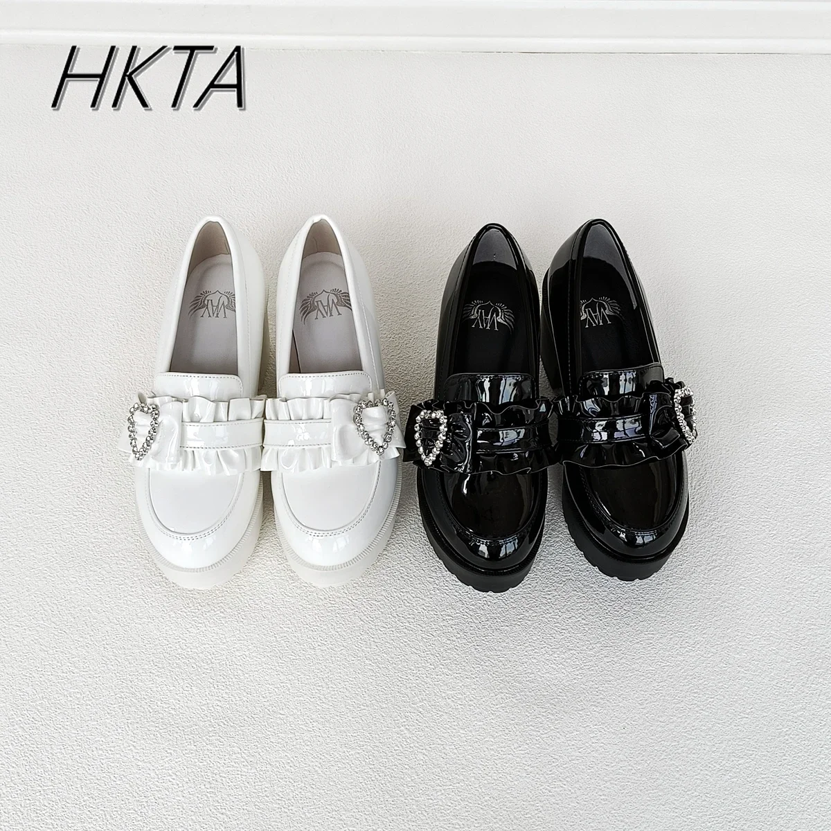 Japanese Mass-Produced Mine Chunky Heel Sweet College Style Uniform Leather Shoes Women Heart Shape Rhinestone Lace Black Pumps