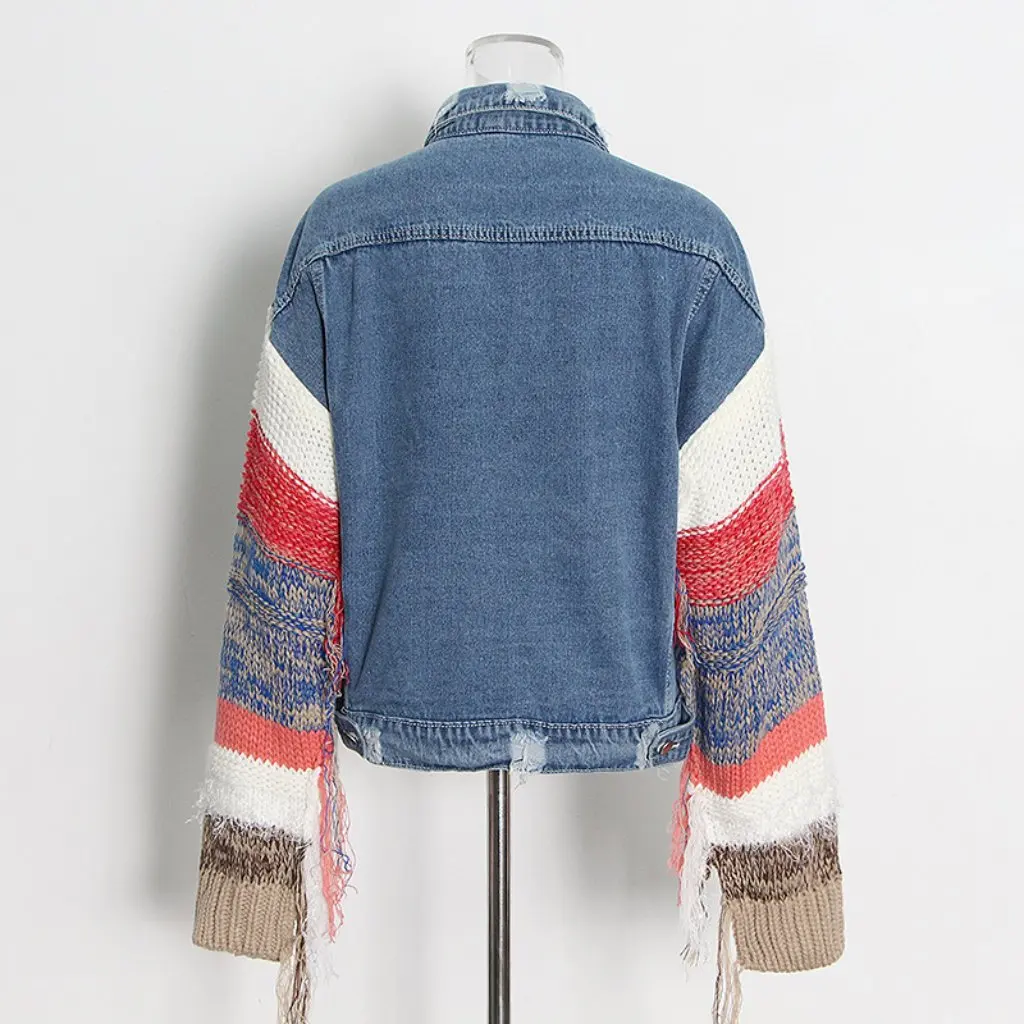 

Женская свободная повседневная джинсовая куртка, модный модный дизайн, контрастный цвет, вязаная строчка, Новое поступление