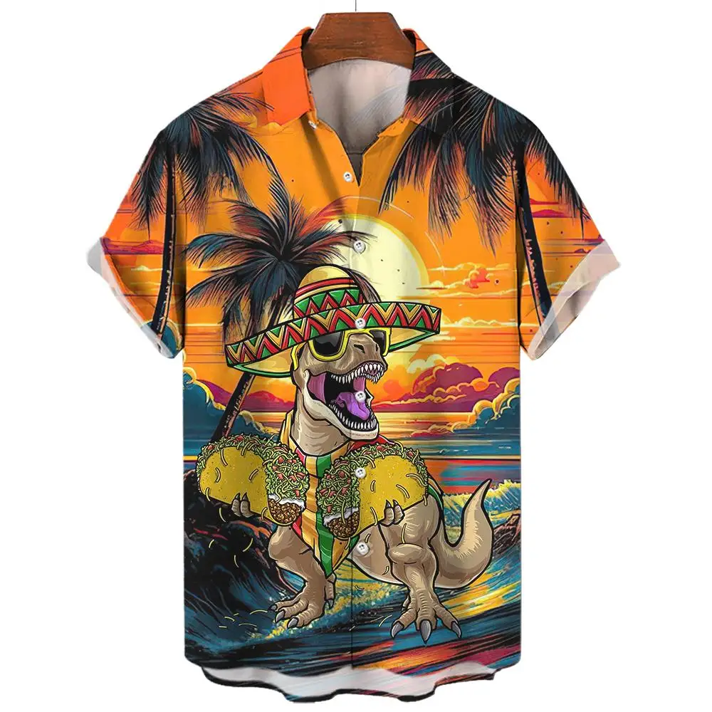 Men\'s Hawaiian Shirts 3D Print Dinosaur Graphics Fashion Button Short Sleeve Lapel Streetwear Hawaiian Shirts for men Summer