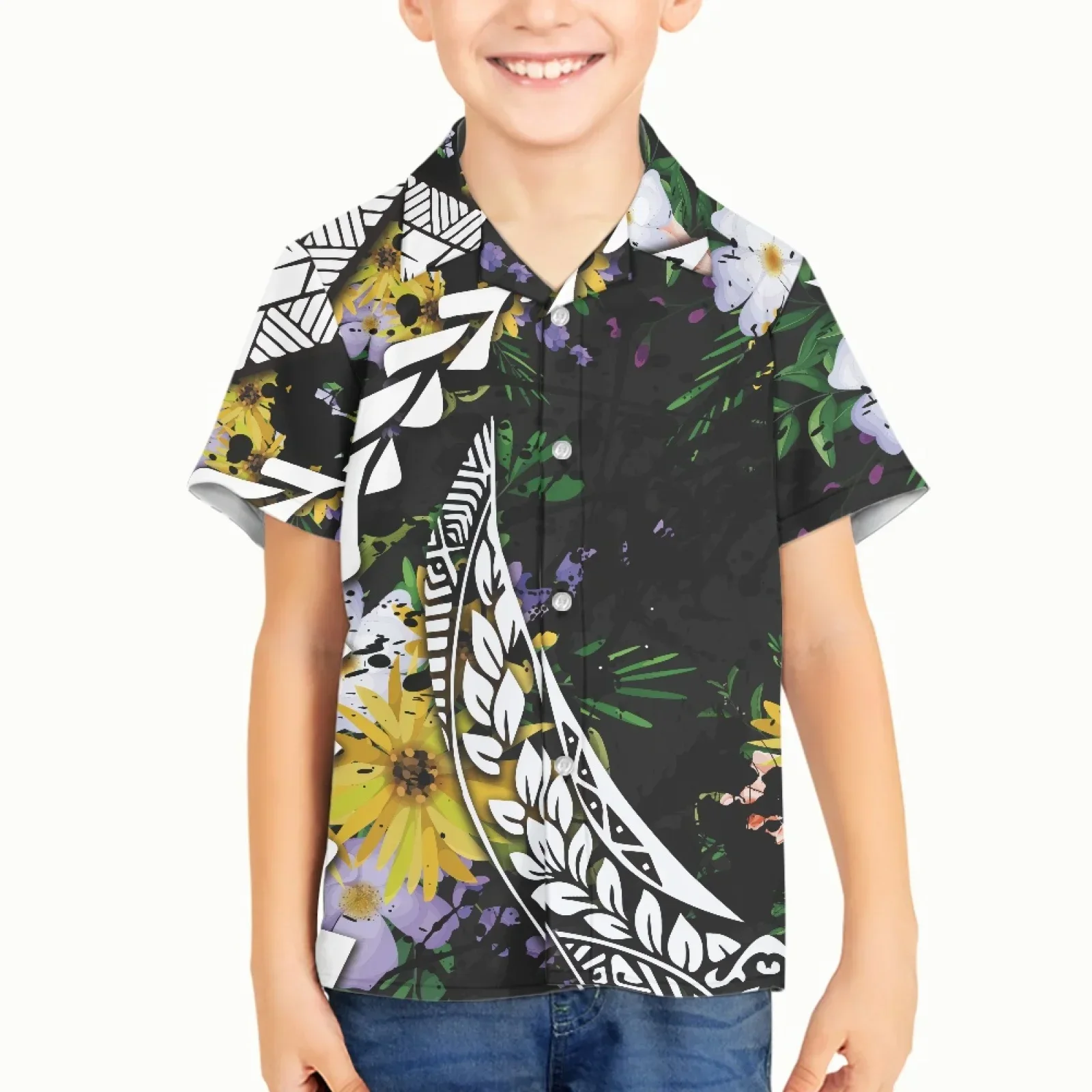 Polynesian Tribal Tongan Totem Tattoo Tonga Prints Hot Sale Children Shirts Casual Short-sleeved Boys Shirts For 3-16 Years Baby