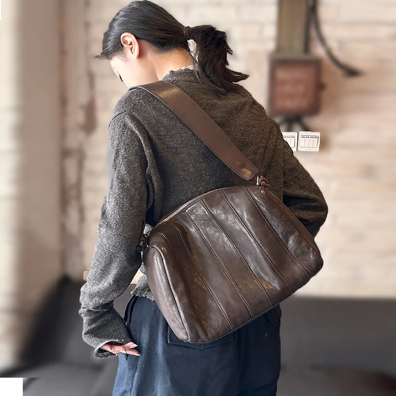 Vintage High-quality Vegetable Tanned Top Layer Cowhide Women Bag Fashion British Style Large Capacity Bucket Type Shoulder Bags