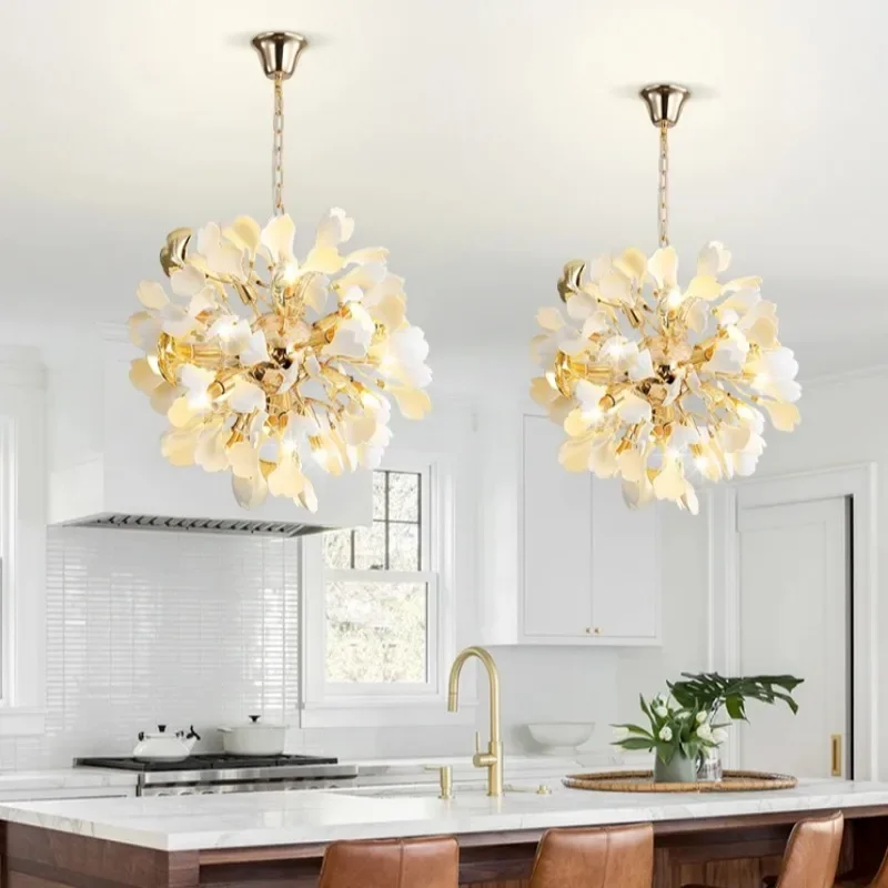 Modern French Ginko Leaves Chandeliers for Dining Room Bedroom Bathroom Ceramics Round Hanging Pendant Lamp