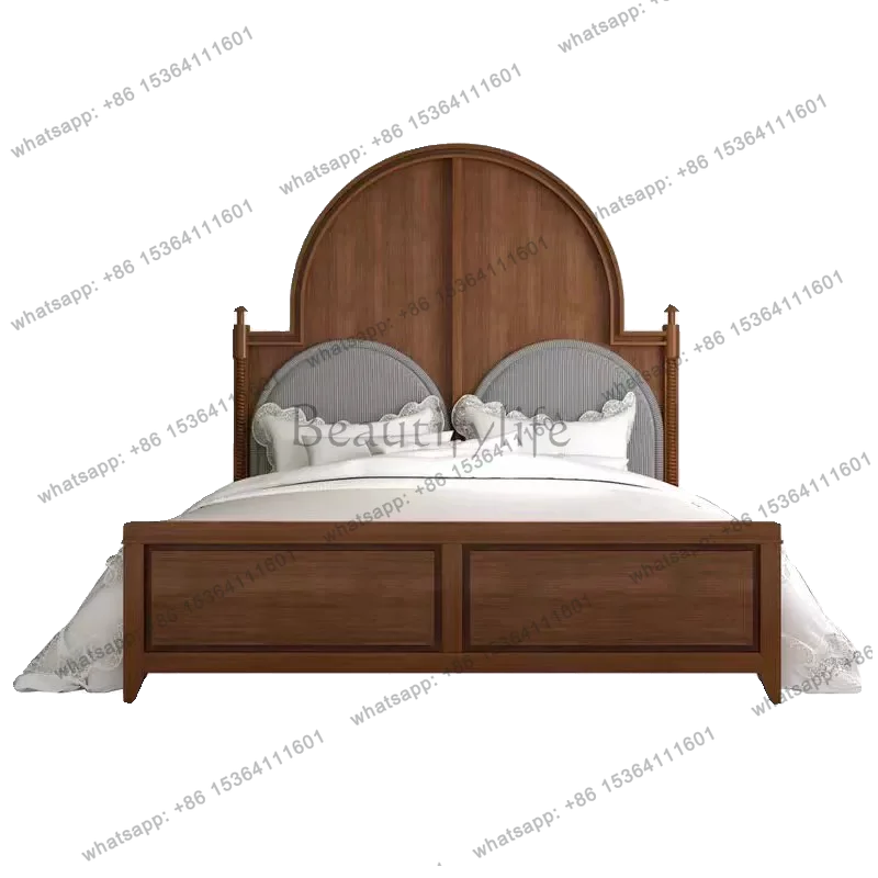 French retro solid wood bed modern simple master bedroom furniture large backrest wedding bed double bed