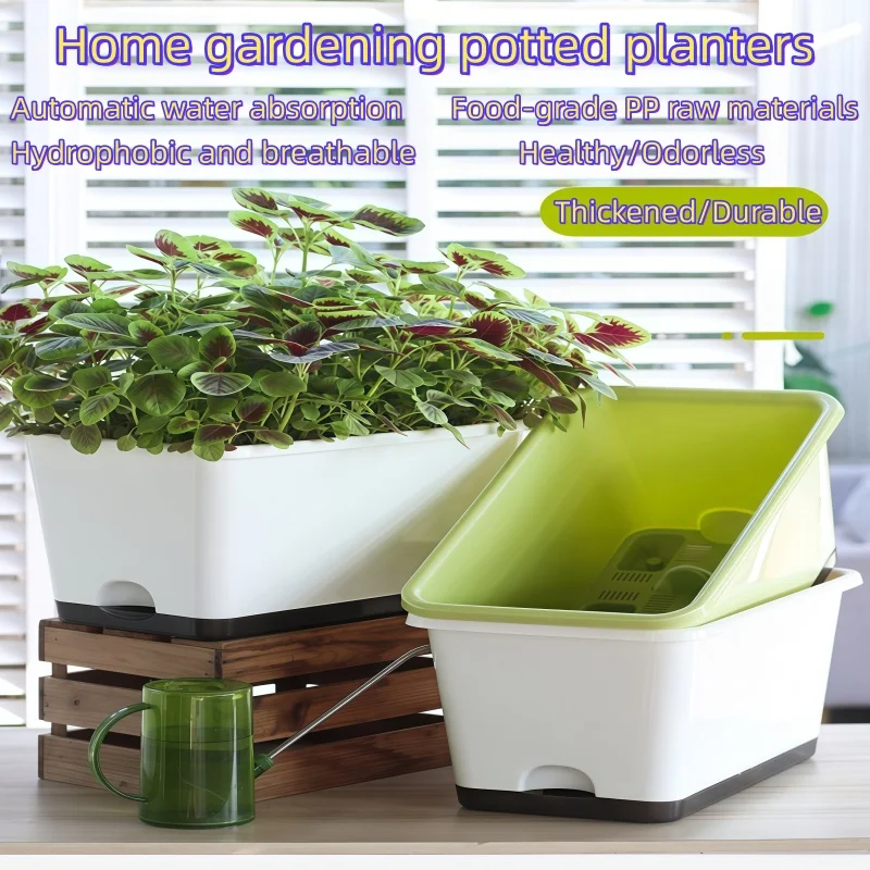 Widened Self Watering Planter Plastic Rectangular Plant Pot Hydroponic Box for Indoor Garden Flower Vegetable Auto Watering