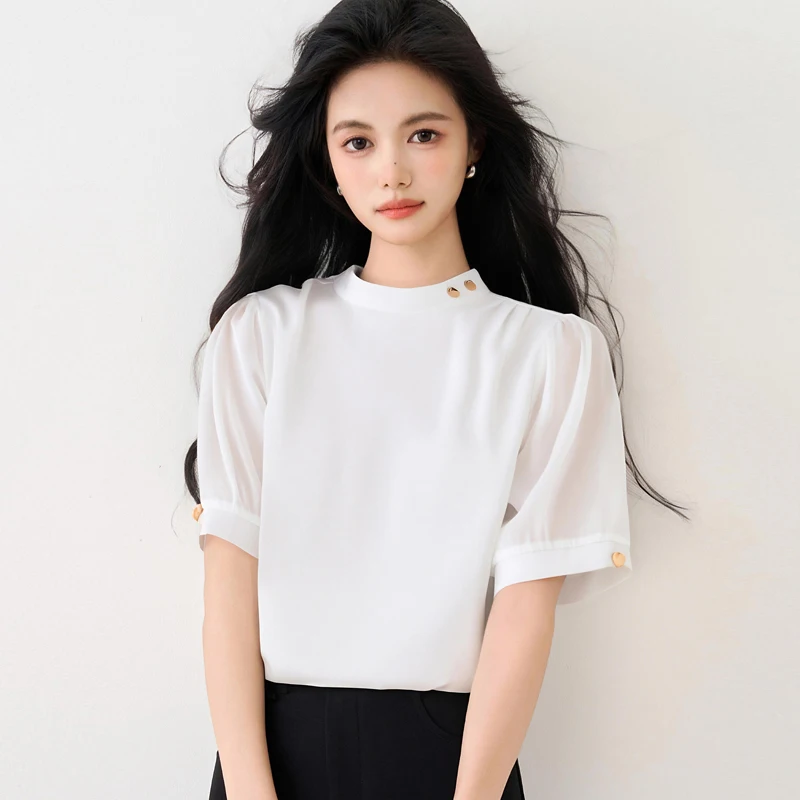 

Elegant Women Short Sleeve Blouses 2025 Summer Stand Collar White Chiffon Shirts Tops Blusas Mujer De Moda 2025