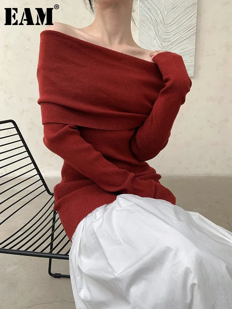 [EAM] Wine Red Elegant Knitting Sweater Slash Neck Long Sleeve Women Pullovers New Fashion Tide Spring Autumn 2025 1DH8366