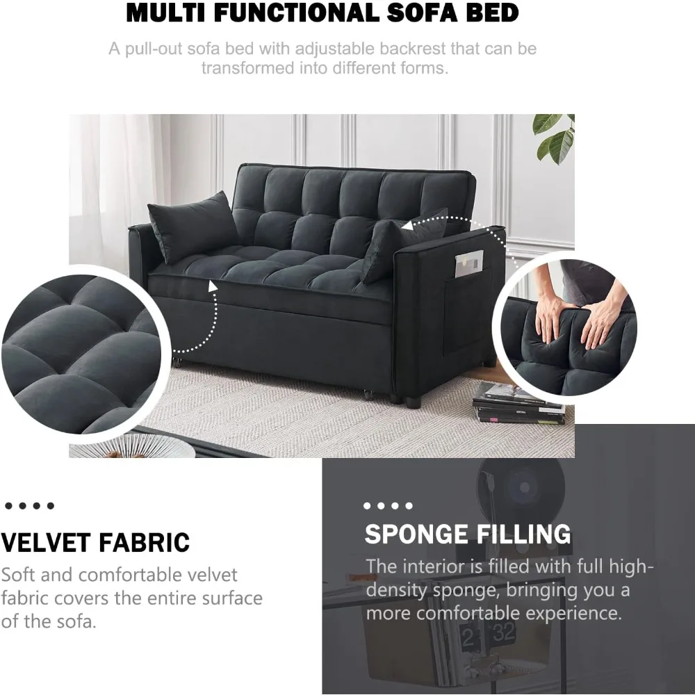 

3-in-1 Sleeper Sofa Bed – Velvet Pull-Out Couch with Armrests, Storage Pockets, 2 Pillows & Adjustable Backrest