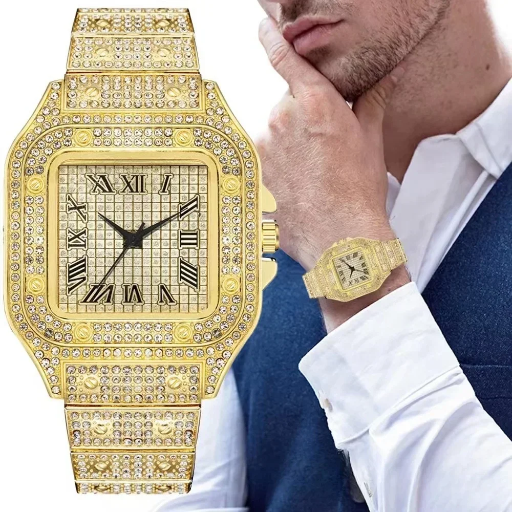 Punk Men Women New Men\'s Watch Quartz Hip Hop Fashion Leisure Square Alloy Steel Band Diamond Gold Watch for Classmate Gift