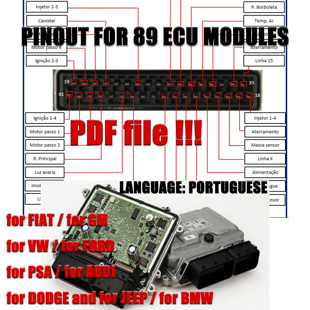 

PINOUT FOR 89 ECU MODULES ECU Pinout Study Manual for FIAT SYSTEMS for VW IAW 7.5.20 for FORD for PSA Portuguese E-book PDF File