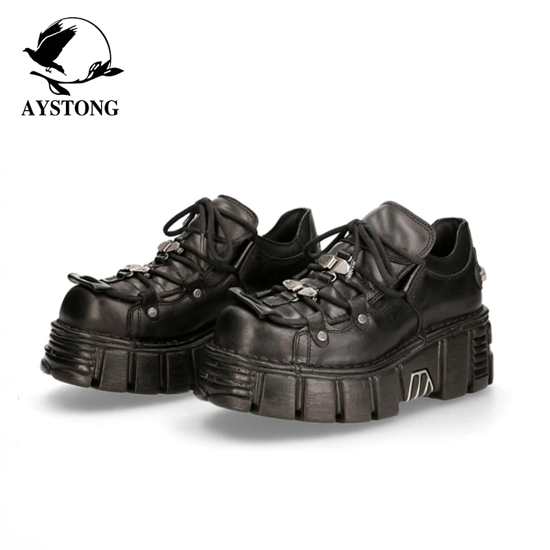 

Punk Style Metal Embellished Thick Bottom Platform Shoes Women's Fashion High Heel round Toe Casual Shoes Rubber Sole Leather