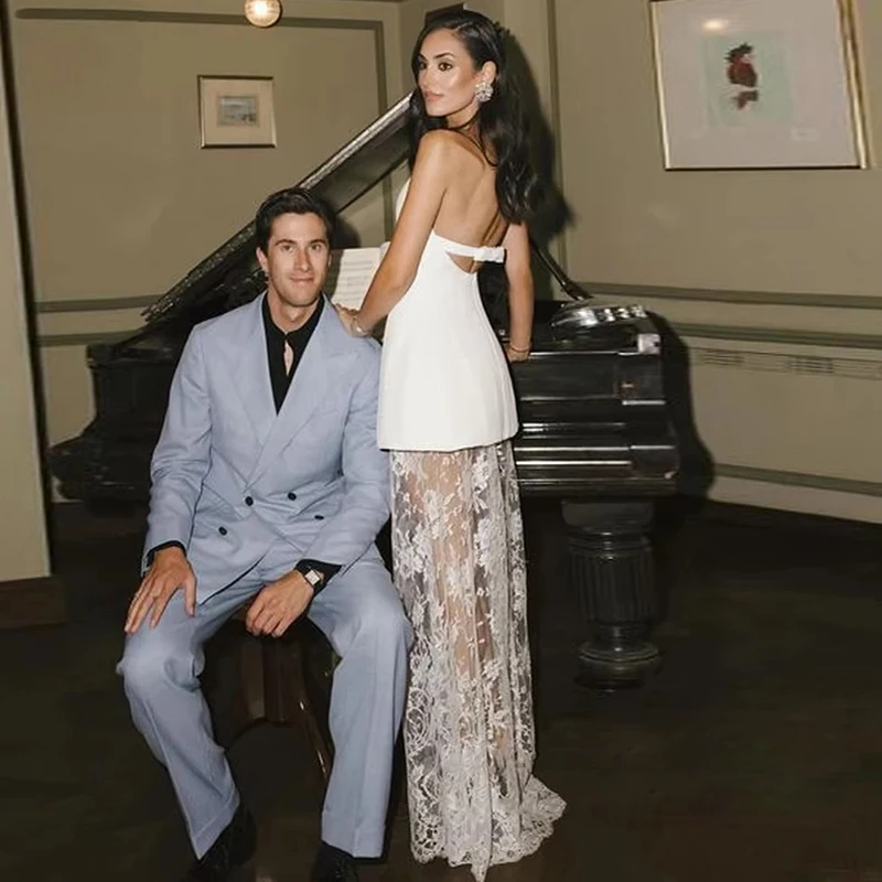 Vestido de novia blanco sin tirantes con falda de encaje, Top peplum, vestido de cóctel de corte A, vestido de fiesta hasta el suelo a la moda para vestido de fiesta