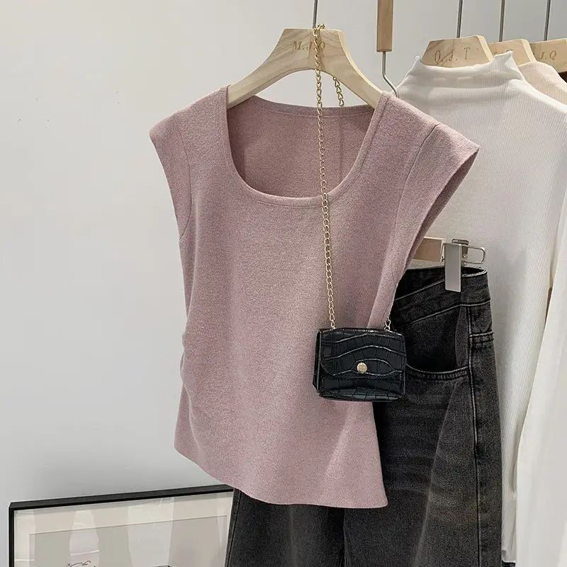 الحلو محبوك تي شيرت للنساء المشارب ساحة الرقبة الكورية موضة تي شيرت الربيع الصيف أساسيات بسيطة Ropa De Mujer