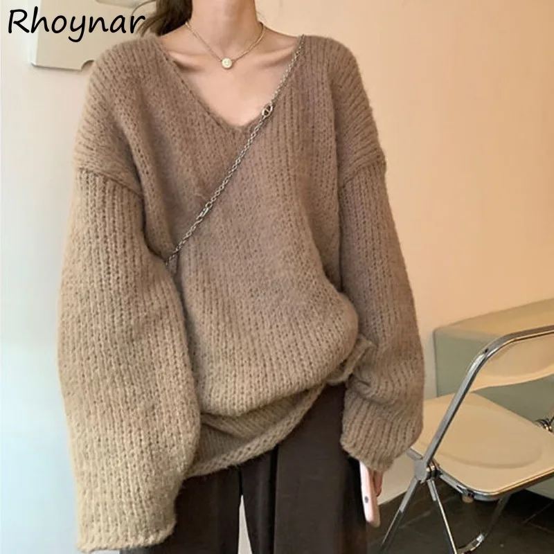 

Oversize Winter Pullovers Women Solid V-neck Loose Knitting Chic All-match Simple Autumn Tops Basic Fluffy Female Ulzzang Mujer