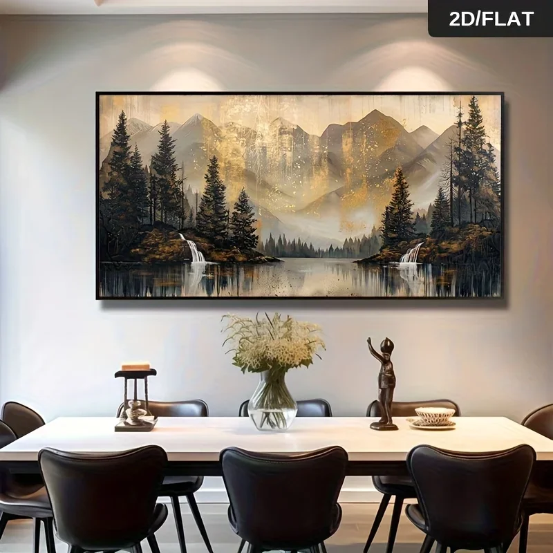 1pc frameless Canvas Painting 2Dflat,Frameless Modern Abstract Retro Forest Canvas Painting,Art with Pine Trees,Mountain Lakes a