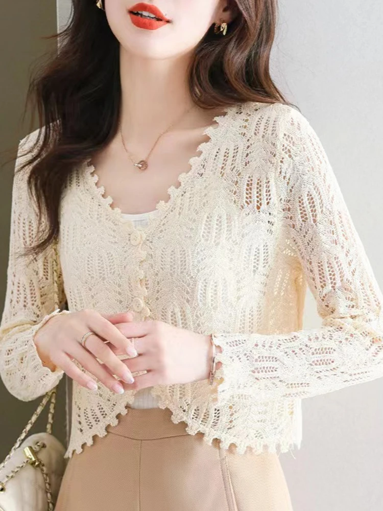 Spring Summer Hollow Out Knit Short Shawl Cardigan Women New Casual Slim Thin Sunscreen Cropped Knitwear Tops V-neck Jackets