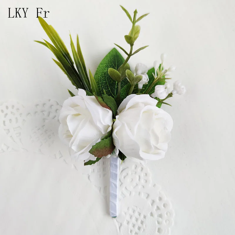 Boutonniere putih Aksesori pernikahan pengantin pria lubang kancing pergelangan tangan bros korsase bunga sutra buatan gelang pengiring pengantin
