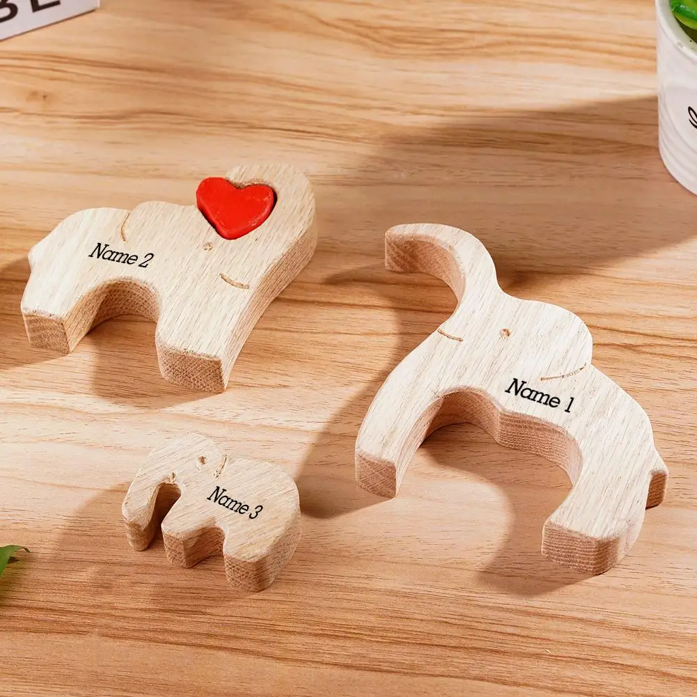 Wooden Elephant Family Statue DIY Your Family Name Art Crafts Desktop Ornament Wood Family Heart Wedding Christmas Gift 2024