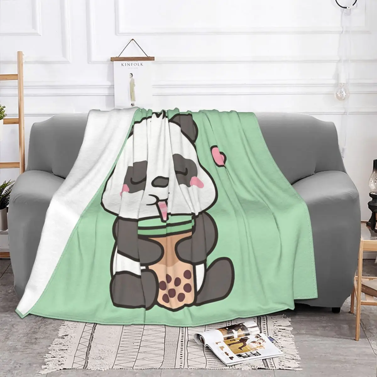 Blanket Flannel Cute Little Panda Enjoying Boba Tea Cozy Soft FLeece Bedspread