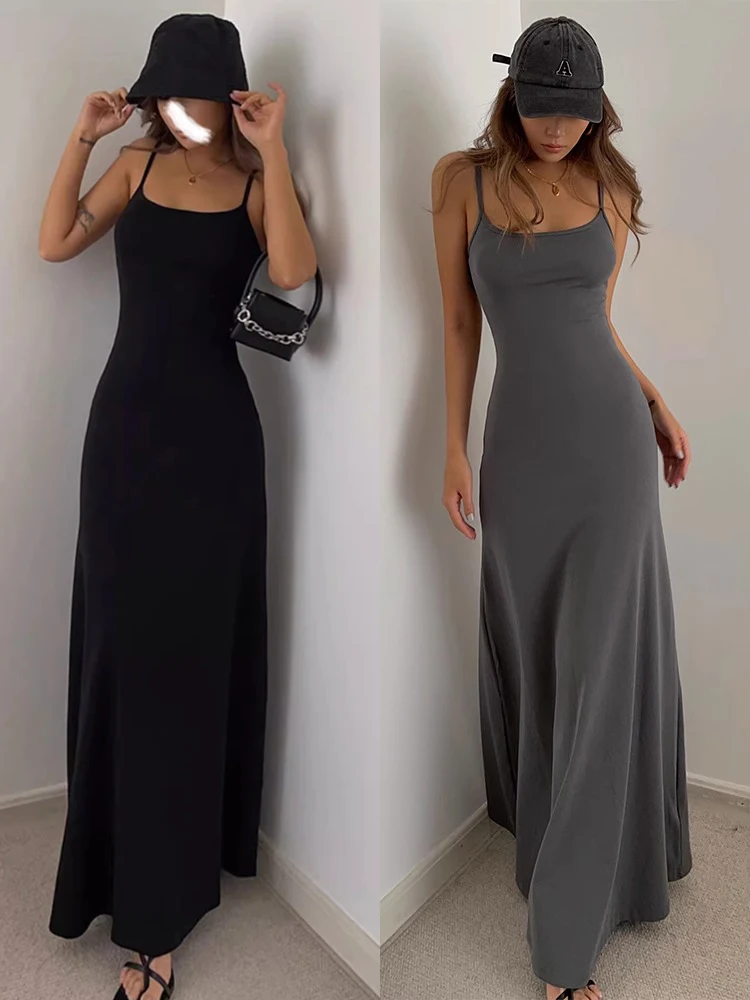 Sexy Pure Color Trendy Girl Mid-Length Vest Strap Long Dr A-Line Skirt Base Layer Cotton Blend Summer Commute Dr