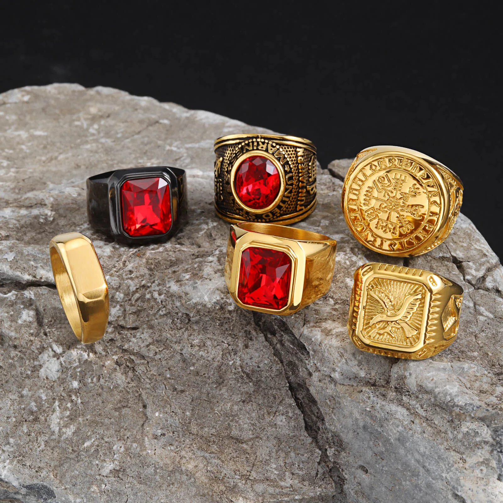 Punk Ethnic Red Stone Ring for Men,Gold Plated Stainless Steel Signet Ring,Square Round Ring Jewelry Gift
