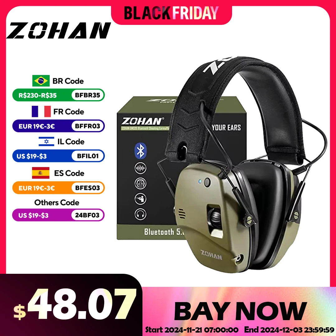 ZOHAN Electronic Earmuffs Bluetooth 5.0 Shooting Ear Protection Active Noise Canceling Protection for Hunting Hearing NRR22dB