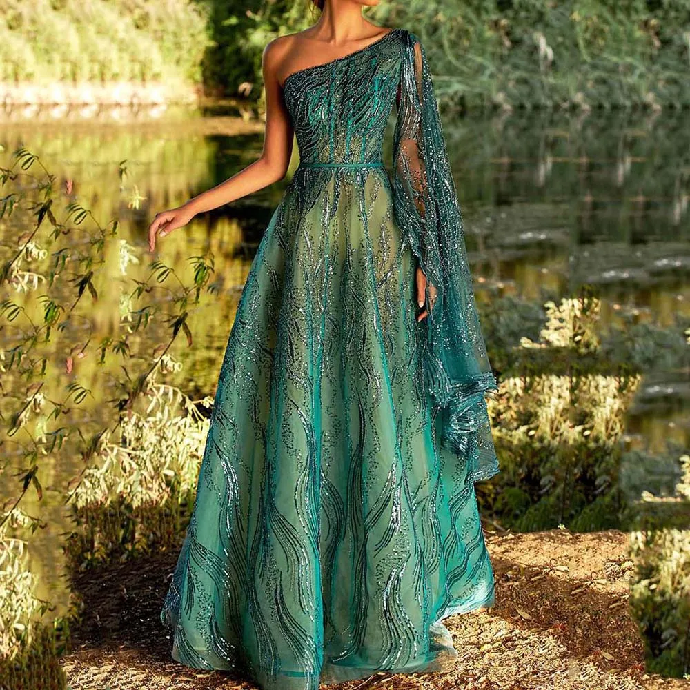 Gorgeous Green Evening Party Dresses Floor Length One Shoulder Full Sleeve Sequined High-end Elegant Women Banquet Prom Gowns