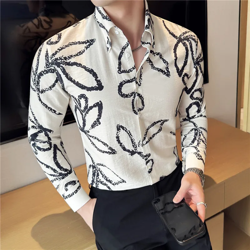

2025 New Men's White Floral Long-Sleeve Shirt – Tencel Lyocell, Linen-like Thin & Breathable (Dark Blue, Sizes M-4XL)