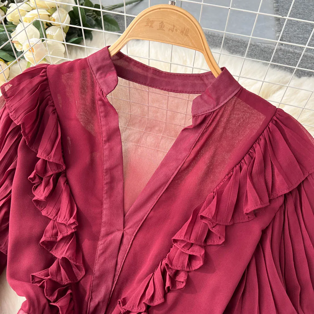 Vintage Elegant Ruffle Pleated Tiered Dress Chic  A-line Fashion Spring Autumn Flare Long Sleeve Vestidos Women Mini Dress