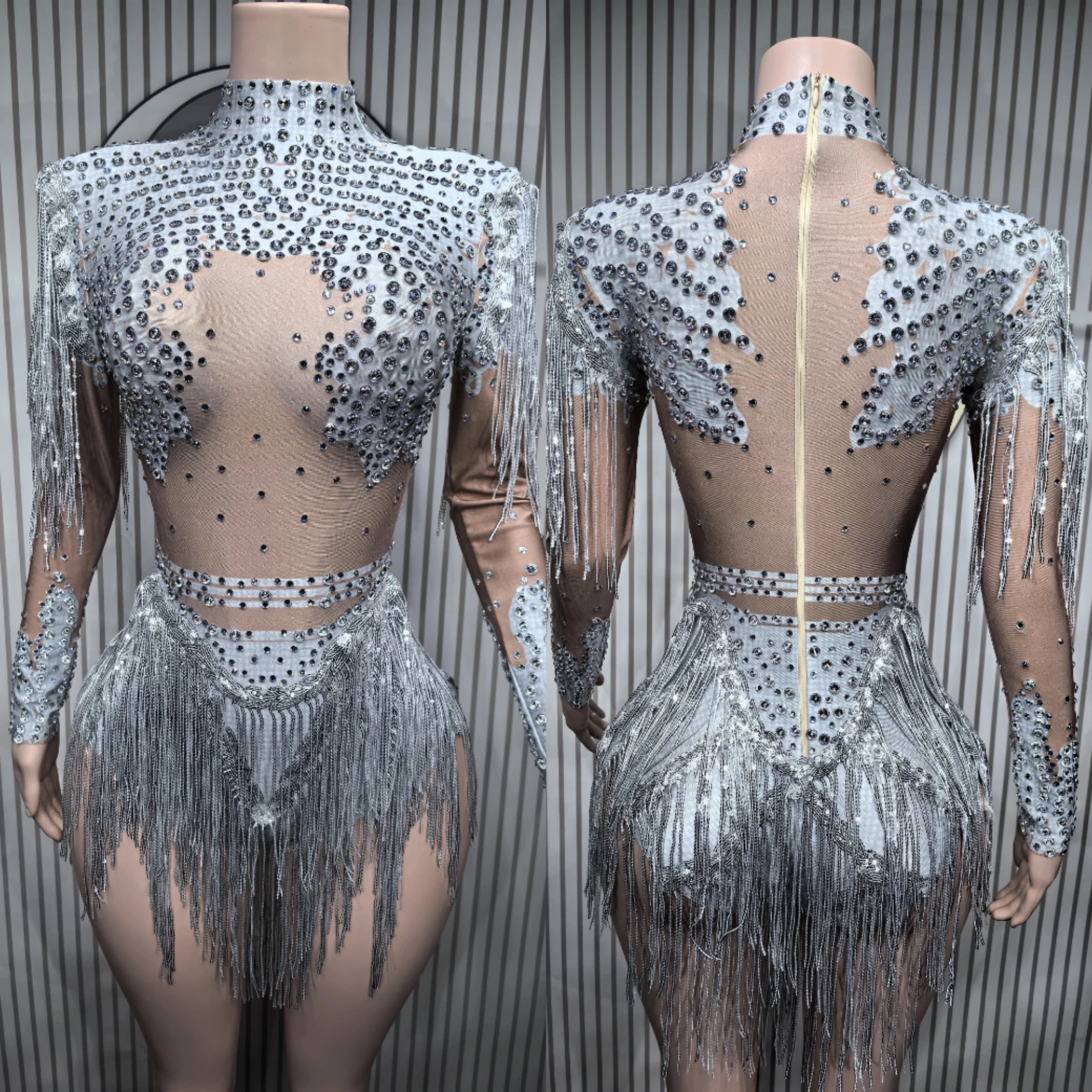 Zilveren strass stretch bodysuits met lange mouwen voor dames sexy avond luxe feest nachtclub toneelkostuum bodysuit