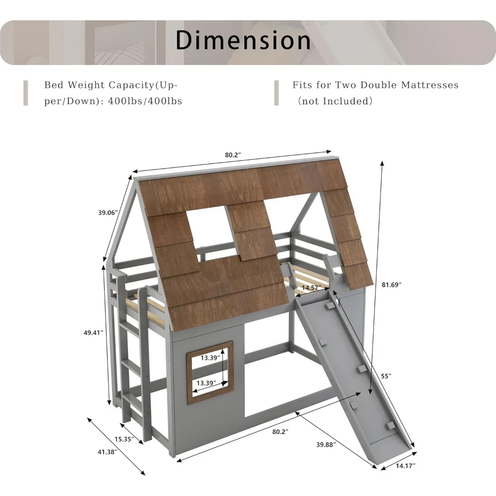 Beliche duplo sobre casa dupla para crianças, estrutura de beliche de madeira com design de telhado de janela e guarda-corpo, beliche de chão montessori fra