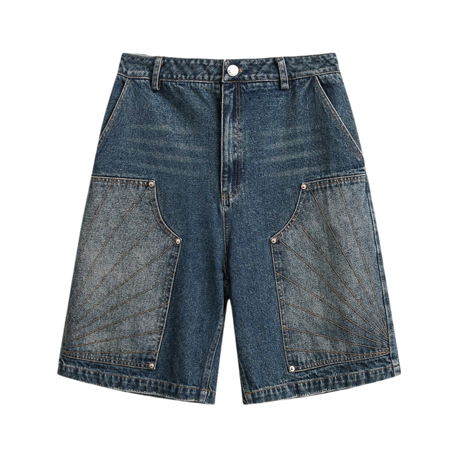 

Mens Cargo Denim Short Streetwear Hip Hop Punk Washed Jeans Short Harajuku Vintage Patchwork Baggy Knee Length Pant Male