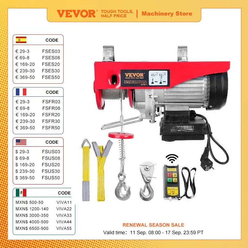 

VEVOR 1320-2200 lbs Wireless Electric Hoist with 40ft Single Cable Lifting Height Steel Wire Winch for Garage Warehouse Factory