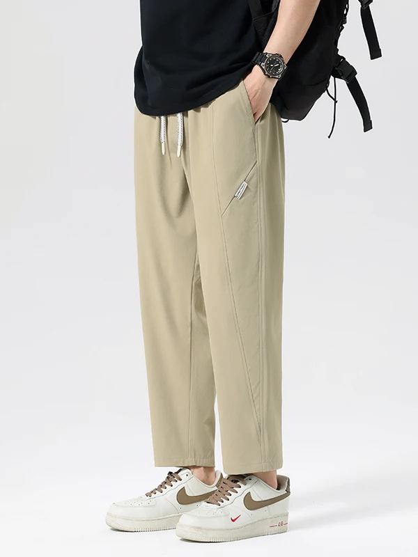 

Summer Thin Straight Leg Casual Pants for Men Spor Slim Fit Nine-Tenths Length Elastic Waisand Nylon Fabric Youthful Sle