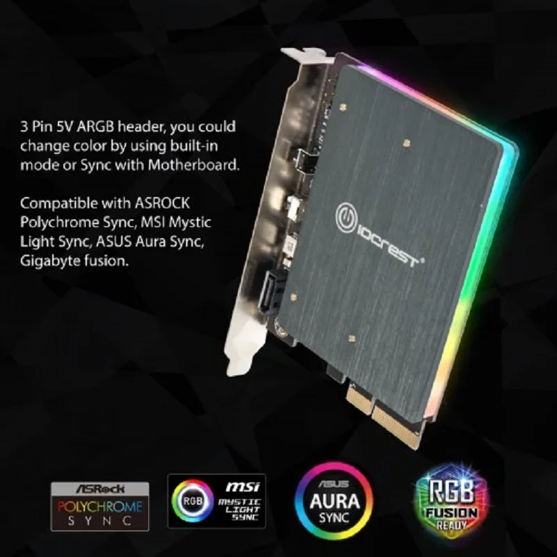 IOCREST RGB Light Strip M.2 M-key and M.2 B-key SSD RGB Adapter Card with Heatsink 5V ARGB PIN Support M.2 Size 30/42/60/80mm