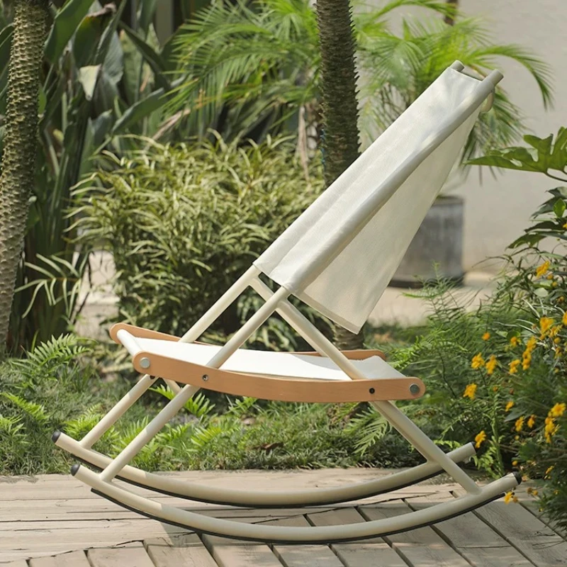 Indoor Outdoor Rocking Chair Reclining Lounge Chair for Balcony Wooden Patio Lazy Sofa Chairs Cosy White Rocker for Bedroom