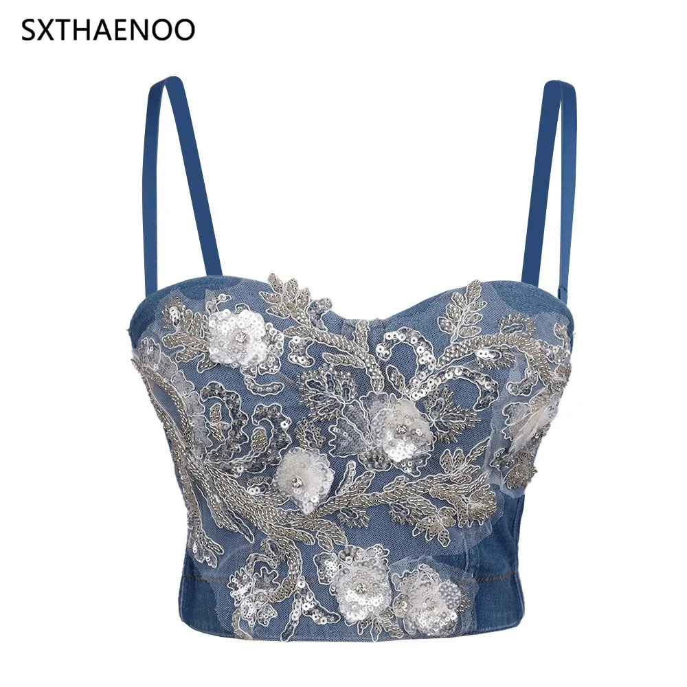 

SXTHAENOO Women Sexy Fashion Denim Crop Top Beading Embroidery Flower Sling Vest Bustier Bra Night Club Party Tank Top Female