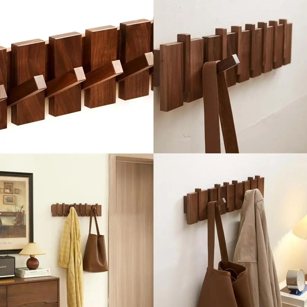 

8-Hook Walnut Wall-Mounted Coat Rack for Robes, Hats, Bags, Towels & More