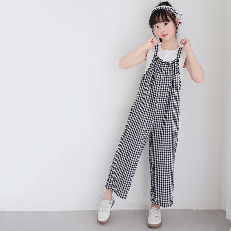 2024 Korean Summer Teenager Girl 2PCS Clothes Set Schol Girl Vest+Checkered Suspender Pants Sets Girls From 4-13 Years Old